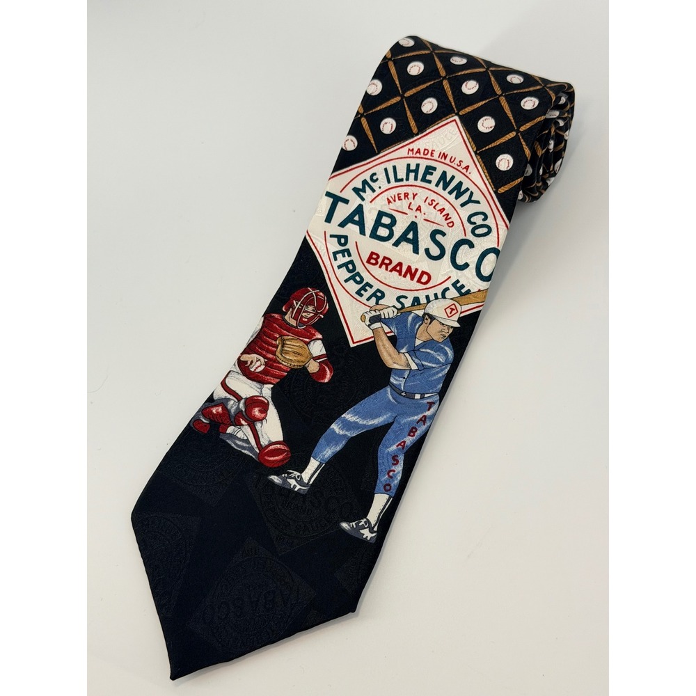 Vintage Tabasco McIlhenny Co Baseball Silk Tie Mens Black Red Blue Novelty  0821